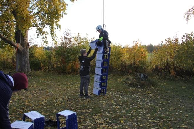 Kauhavan yläkoulun hyvinvointipäivässä harrastettiin muun muassa korikiipeilyä. Kahdeksasluokkalainen Eero Kamppila sai aikaan 12 korin tornin. Tehtävä sai oppilaat miettimään myös luontoa säästäviä toimia. KUVAT: MIA KÄRKKÄINEN