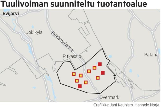 Kaavaluonnoksessa on esillä seitsemän ja kymmenen tuulivoimalan rakentamisvaihtoehdot.