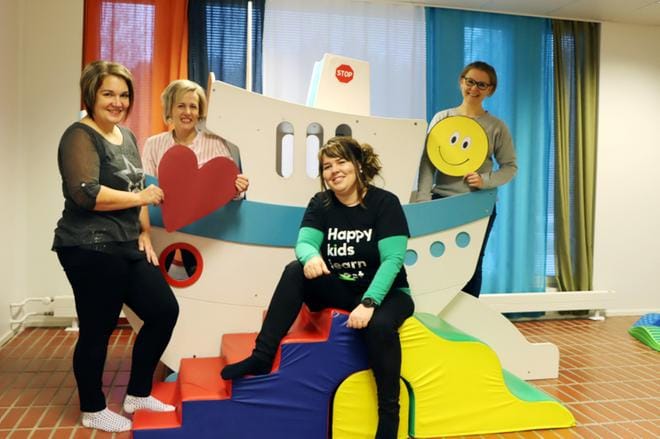 Outi Koskenvalta, Helena Heinonen, Terese Kurunsaari ja Laura Honkasaari Kurikan varhaiskasvatuksesta kertoivat hankkeesta Kunnannupussa. KUVA: JARMO PANULA