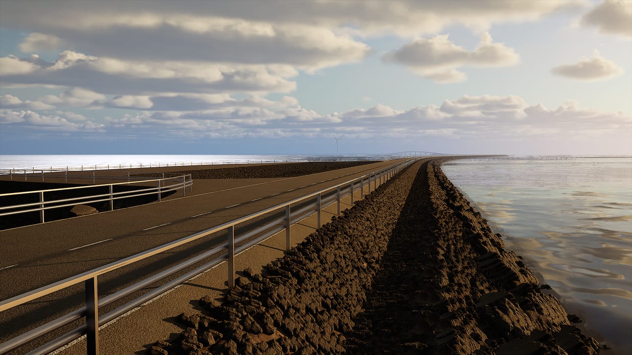 Havainnekuva Hailuodon pengertiestä pysäköintialueen kohdalta. Taustalla häämöttää Huikun silta.