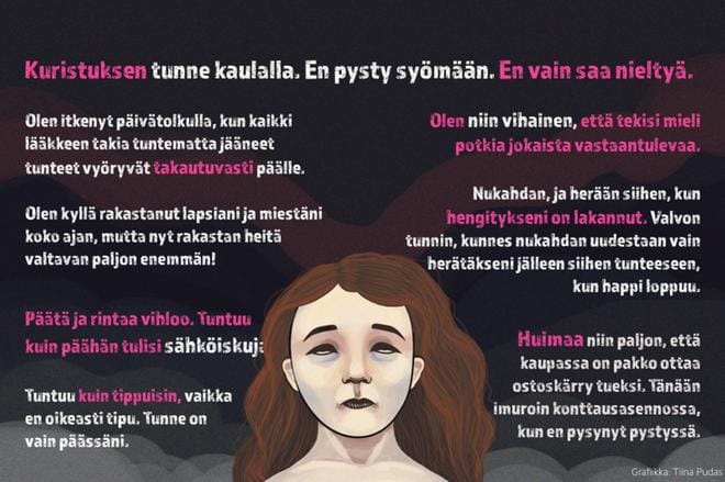 Marja kertoo lukuisista painajaismaisista oireista, joita hän on saanut yrittäessään vieroittautua mielialalääkkeestä, jota hän on käyttänyt vuosikausia.