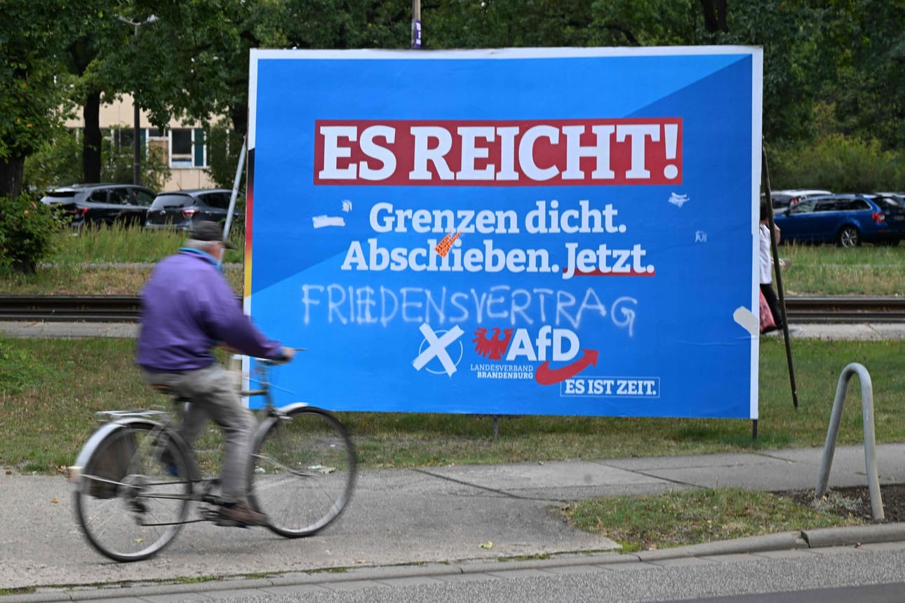 Äärioikeistolainen Vaihtoehto Saksalle -puolue (AfD) on ennusteiden mukaan kasvattamassa kannatustaan Brandenburgin osavaltiossa. LEHTIKUVA/AFP
