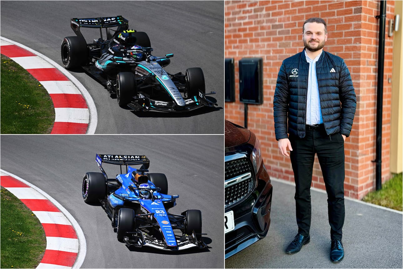 Mercedeksen moottoreilla ajavat kuluvalla F1-kaudella Mercedes-AMG Petronas ja muista talleista muun muassa Williams. Yläkuvassa Mercedeksen Kimi Antonelli, alakuvassa Williamsin Alexander Albon. Mustasaaressa kasvanut Jarno Kangasniemi (oik.) työskentelee moottorikehittäjänä Merceksen tehtaassa Isossa-Britanniassa.