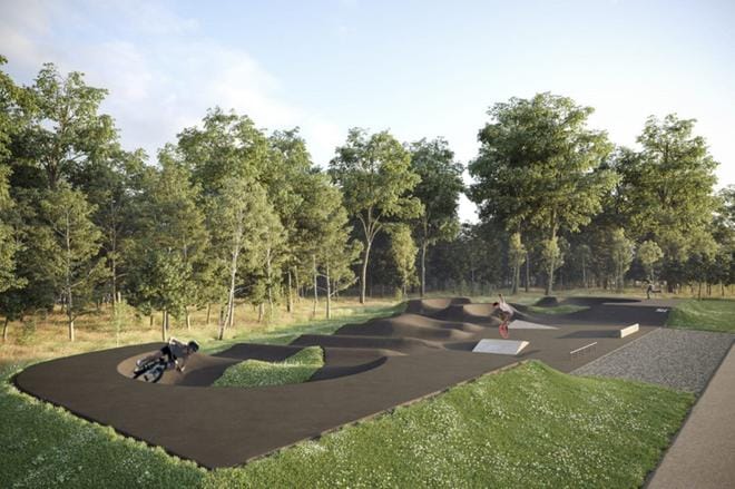 Soinin pumptrack-rata valmistuu kunnan omistamalle alueelle terveysaseman parkkipaikan pohjoispuolelle. HAVAINNEKUVA: Trail It Oy