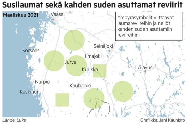 Jurvaa ympäröi kolme susireviiriä. Tähän karttaan reviirien rajat on merkitty summittaisesti. GRAFIIKKA: JANI KAUNISTO