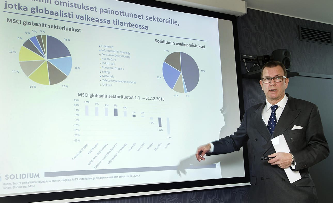Solidium on vähemmistöosakkaana 12 pörssiyhtiössä. Kuva tammikuulta, jolloin toimitusjohtaja Kari Järvinen kertoi omistuksista.