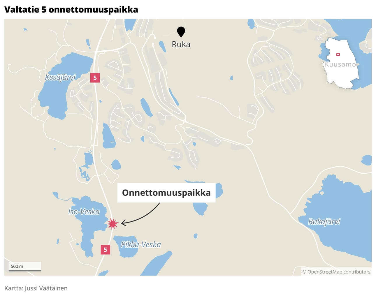 Onnettomuspaikka sijaitsee noin 20 kilometriä Kuusamosta Rukalle päin, Iso-Veskan lähistöllä.