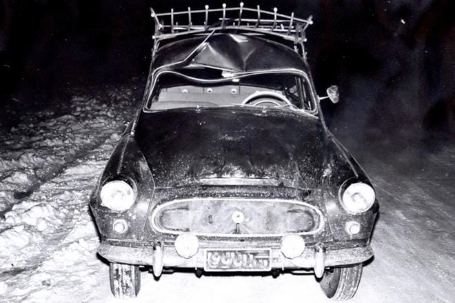 Skoda Octavia vm. 1960 hirvikolarin jäljiltä marraskuussa vuonna 1965. KUVA: JARI E. HAKALA / ARKISTO