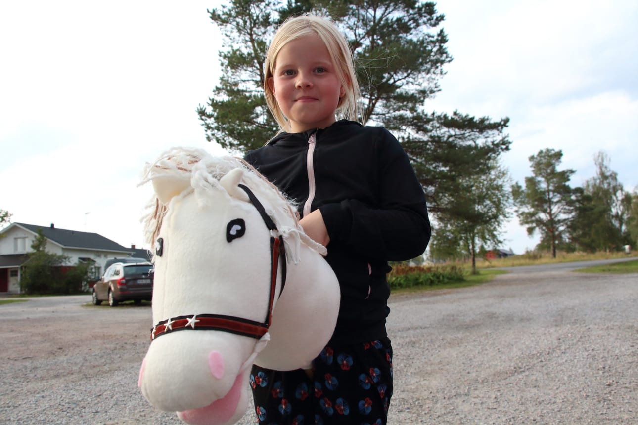 Pyhäjokisella Minja Pietilällä on tallissaan peräti neljä keppihevosta. Radalle hyppelemään pääsi perjantaina Valkku.