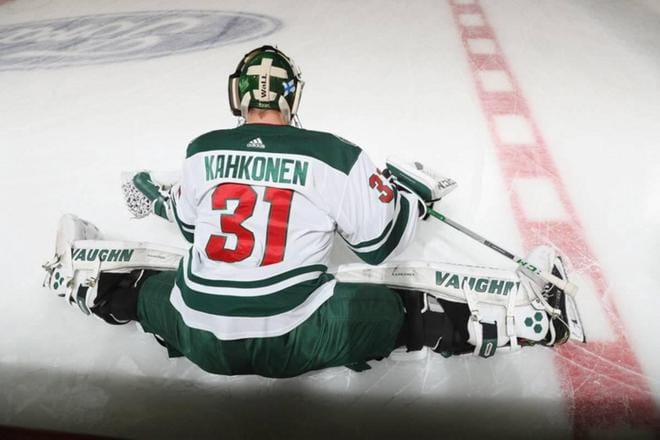 Kaapo Kähkönen marraskuussa 2019 ennen ensimmäistä NHL-otteluaan. LEHTIKUVA / AFP