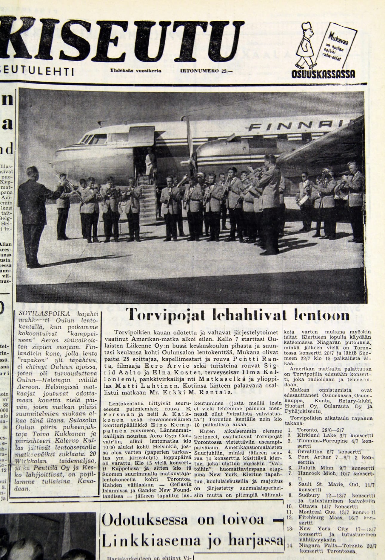 Pyhäjokiseutu uutisoi vuonna 1962 Oulaisten Torvipoikien Amerikan matkasta.