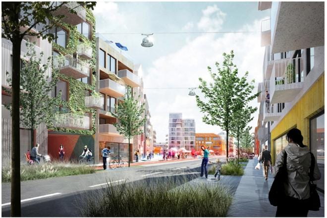 Rion kortteli on kuvassa vasemmalla. Edessä on koko Ravilaaksolle tärkeä paikka eli keskusaukio. Oikealla toinen kortteli ja kolmas on edessä. Kuvaa katsotaan neljännestä korttelista. HANKEKUVA: MANDAWORKS/ VAASA