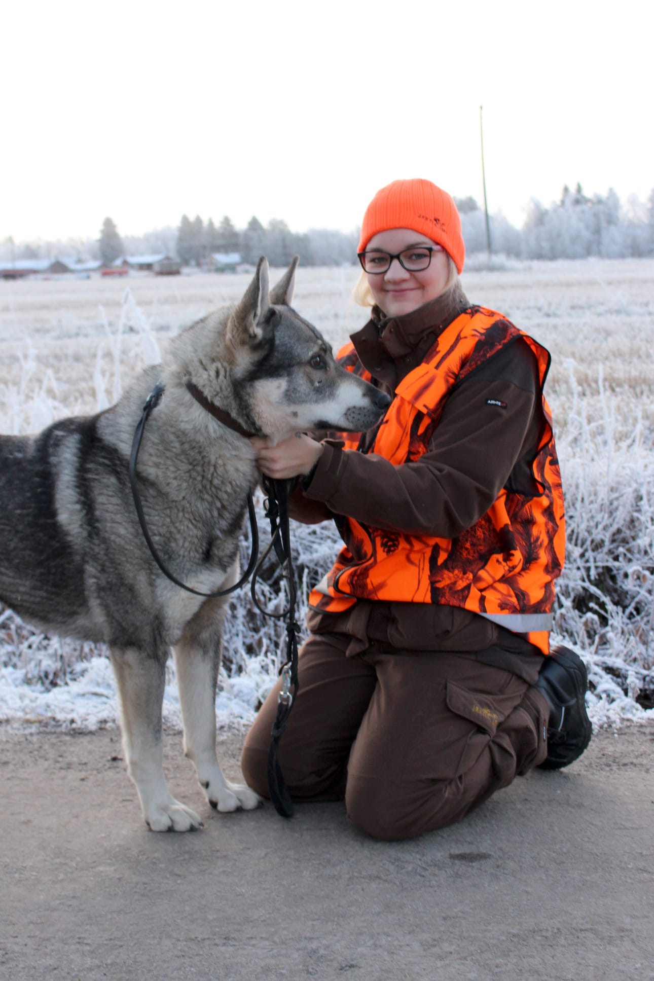 Piia Närhi on kulkenut hirvimetsällä yhdeksän vuotta. Harrastukseen uutta intoa tuo jämtlanninpystykorva Masan metsässä ohjaaminen.