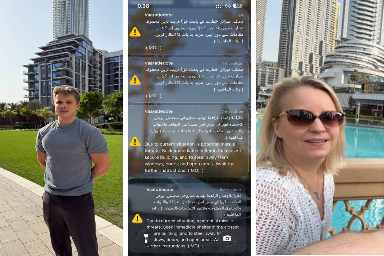 Tomi Kemppainen asuu Dubaissa, Virve Kyllönen on siellä perheineen lomalla. Molemmat havahtuivat lauantain ja sunnuntain välisenä yönä puhelimen piippaukseen, kun hälytysviestijärjestelmä ilmoitti poikkeustilanteesta.