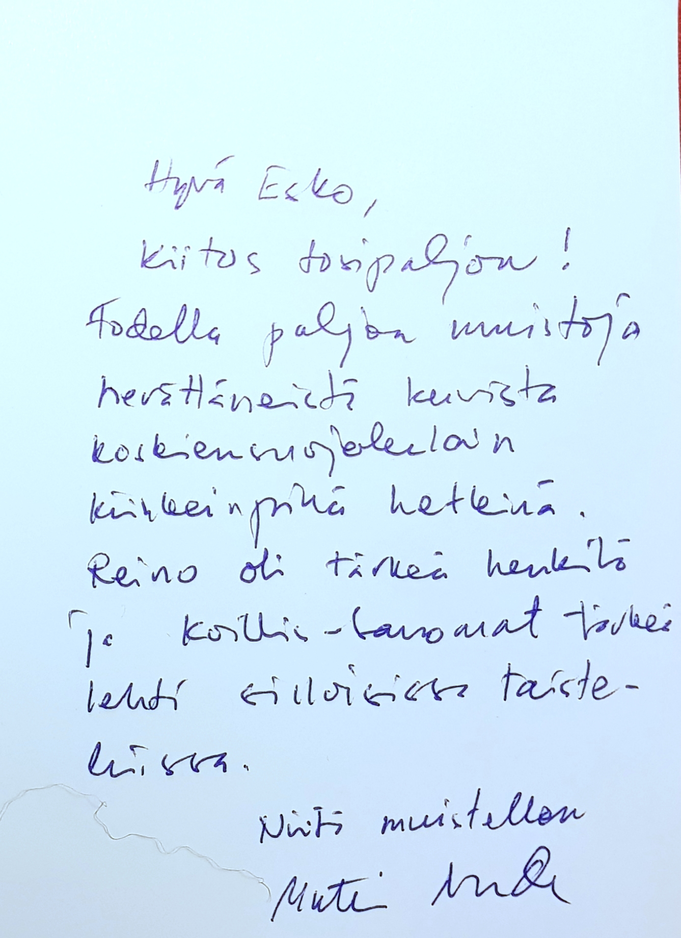 Esko Räty sai syksyllä Matti Ahteelta kortin, jossa tämä kiitteli vuosien takaisesta kohtaamisesta. 
