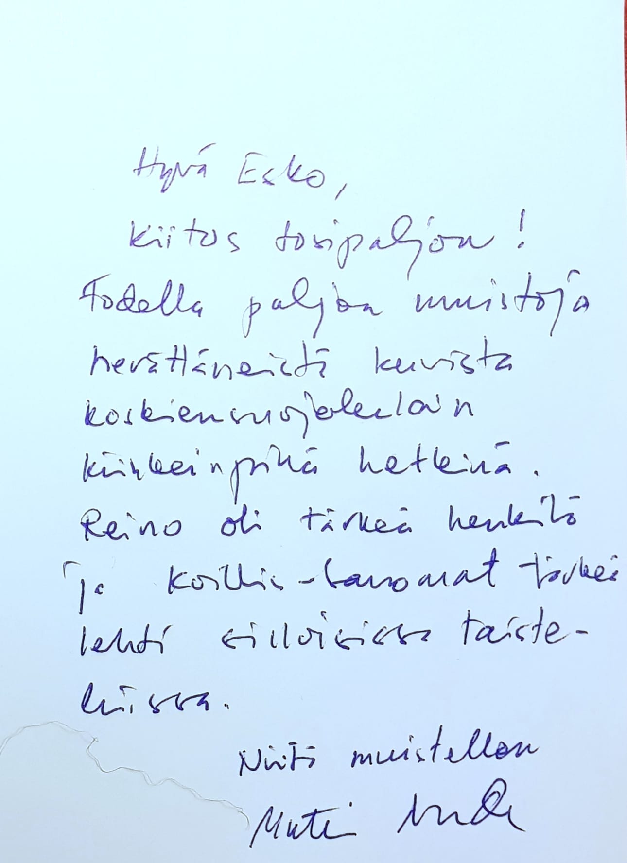 Esko Räty sai syksyllä Matti Ahteelta kortin, jossa tämä kiitteli vuosien takaisesta kohtaamisesta.
