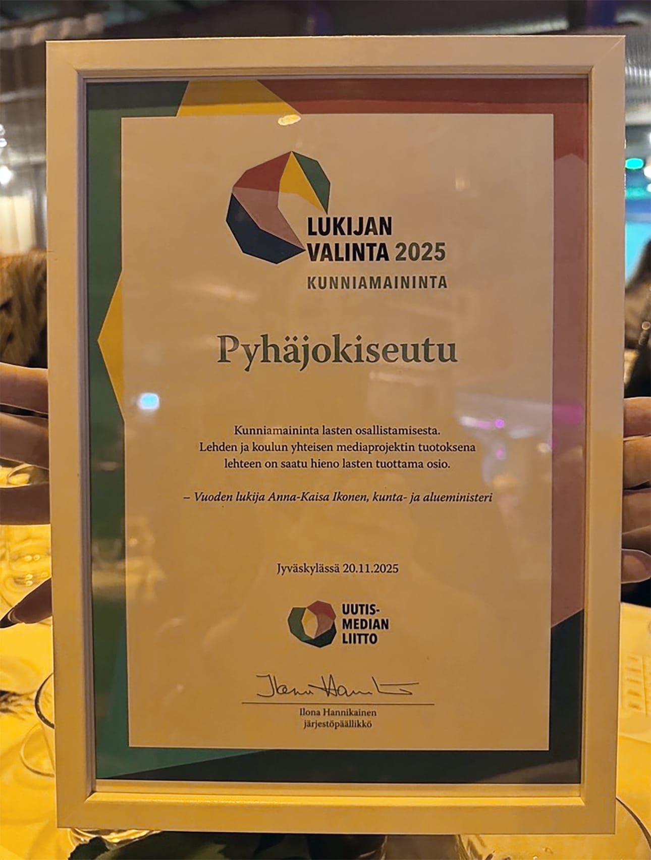 Kunniamaininta julkistettiin Jyväskylässä menossaolevilla Suurilla Lehtipäivillä myöhään torstai-iltana.