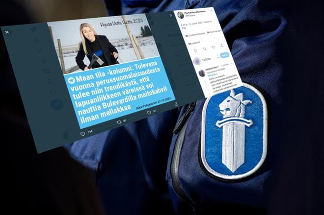 Piia Kattelus-Kilpeläisen uuden vuoden toivotuksessa oli yhdistetty Kattelus-Kilpeläisen vanha kuva sekä Ilkka-Pohjalaisen päätoimittajan Maan tila -kolumnin otsikko.