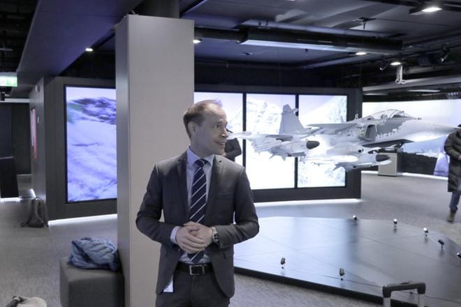 Saabin Suomen Gripen-kampanjan johtaja Magnus Skogberg yhtiön pääkonttorilla Tukholmassa keskiviikkona. KUVA: Joonas Kuikka