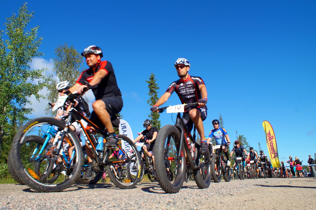 Erämaan markkinoilla pääsee seuraamaan Syotteen MTB-kilpailua. Markkinavierailla on myös mahdollisuus itse testata paksurenkaista fatbikea. Arkistokuva.