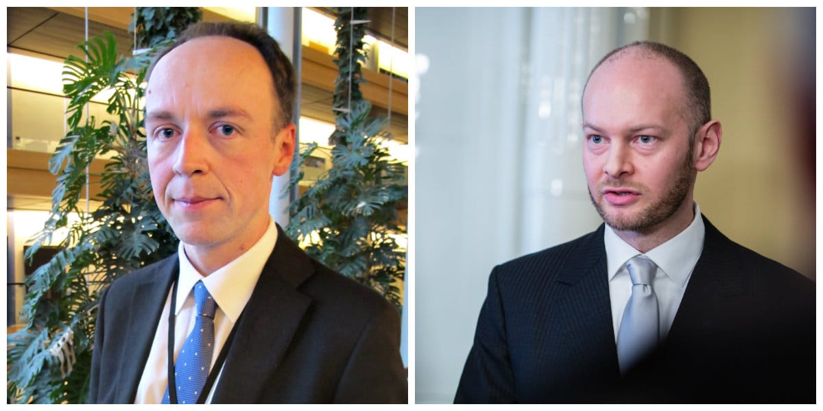 Europarlamentaarikko Jussi Halla-aho (vas.) ja torstaina kulttuuri- ja eurooppaministeriksi valittu Sampo Terho ovat vahvimmat ehdokkaat perussuomalaisten puheenjohtajiksi.