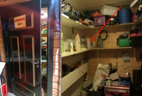 Amfetamiininestettä sisältänyt oliivipurkki löytyi kerhotilojen baaritiskin takana olevasta varastosta, jonka ovessa lukee "members only". Purkki oli varaston hyllyllä, ja se oli käärittynä liinaan.