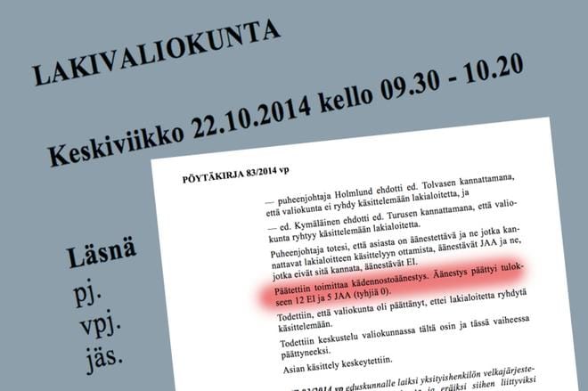 Lakivaliokunnassa lakialoitteen jatkokäsittelyn puolesta äänestivät Suna Kymäläisen lisäksi Ari Torniainen (kesk.), Eeva-Maria Maijala (kesk.), Mika Niikko (ps.) ja Kaj Turunen (entinen ps. ja sin., nykyinen kok.). KUVA: Clas-Olav Slotte