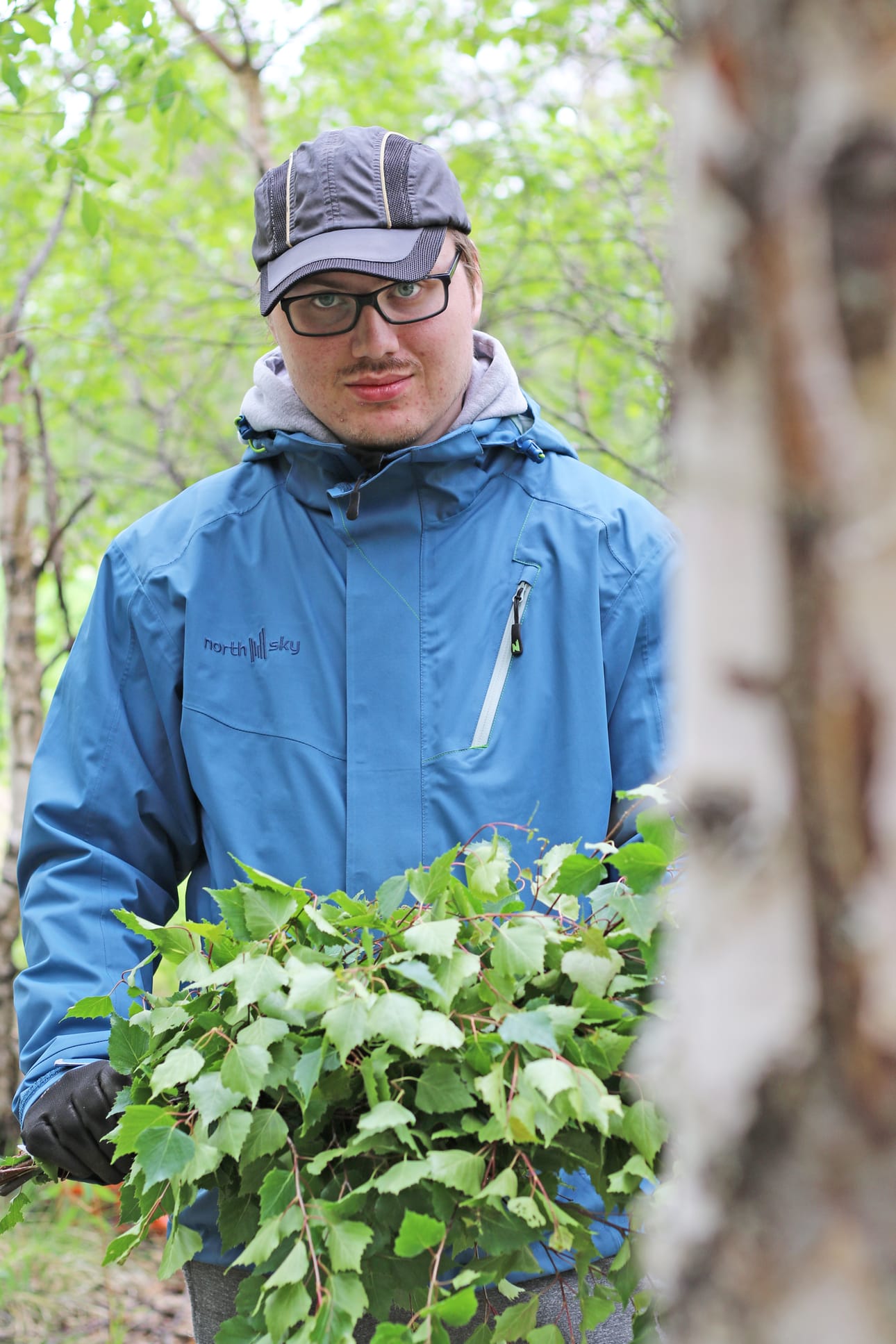 Tyrnävän Pajan nuoret taittelemassa oksia Onni Määtän katkomista rauduskoivuista. Etualalla Henri Turunen, joka kertoo tehneensä vastoja aiemmin kotona.