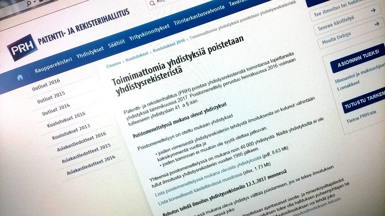 Patentti- ja rekisterihallituksen nettisivuilta löytyy ohjeet kuinka toimia, jos yhdistys on aktiivinen ja sen halutaan pysyvän rekisterissä.