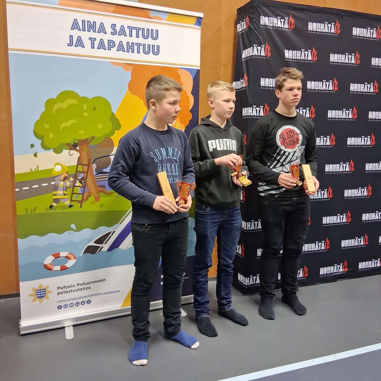 Viljami Niemelä (vas), Joel Saukko ja Jere Suonvieri lunastivat digitaalisen aluekarsinnan kautta paikan aluekilpailuun. Aluekilpailussa he suorittivat teoriatehtävien lisäksi käytännön tehtäviä. Joukkue sijoittui aluekilpailussa pronssille.