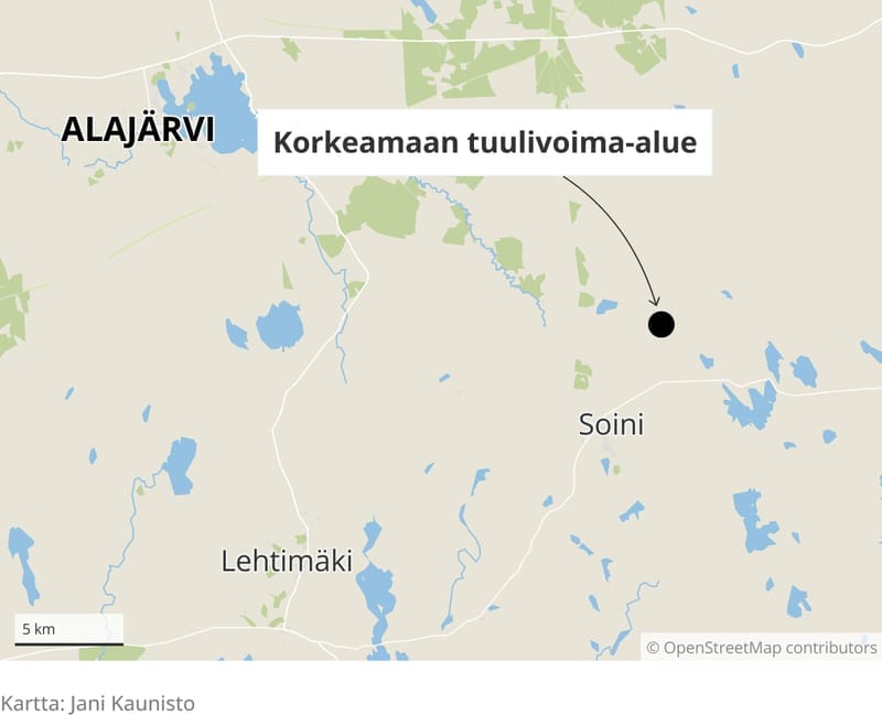 Korkeamaan tuulivoima-alue sijoittuu noin neljän kilometrin päähän Soinin kunnan keskustasta.