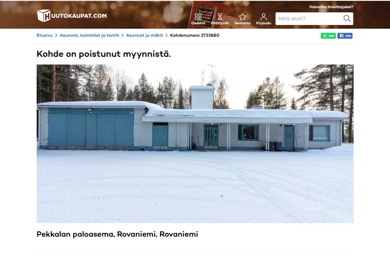 Kuvakaappaus Pekkalan paloaseman myynti-ilmoituksesta Huutokaupat.com-palvelussa.