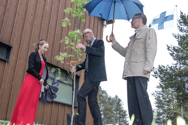 Teuvan valtuuston satavuotistaipaleen kunniaksi istutettiin Teakin puistoon pihlaja. Vesisateessa tehtävän hoitivat nuorisovaltuutettu Jenna Santikko, edellinen valtuuston puheenjohtaja Sakari Varala ja kunnanjohtaja Veli Nummela (oikealla). KUVA: JORMA HAVULA