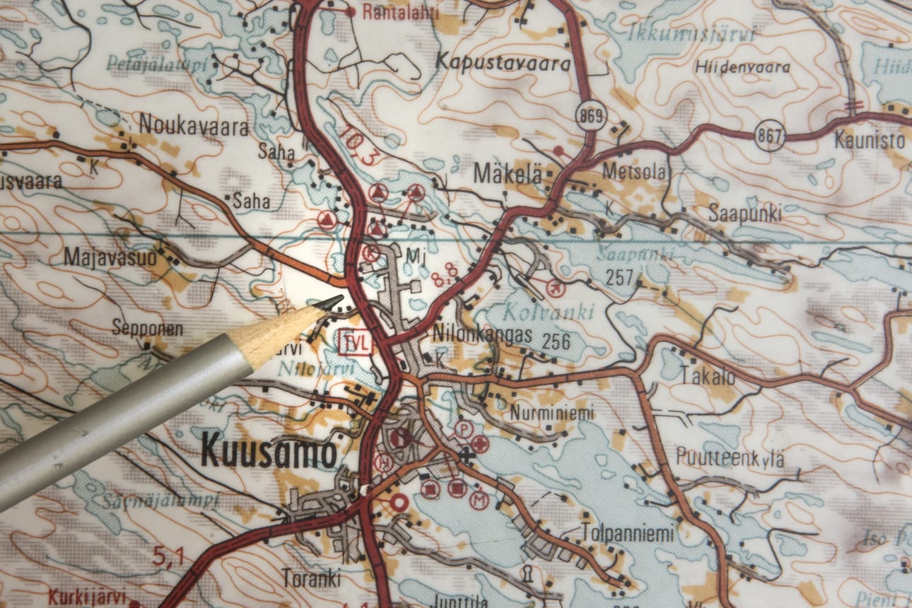 Kuusamossa jo vanhastaan ongelmana ollut Meskusvaarantien ristaus on saamassa alikulkutunnelin. Kuvan kartta on vanha.