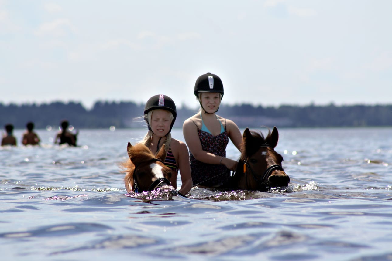 Lotta Pessala (vas.) ja Namu-poni sekä Sanni Koponen ja Unski nauttivat järvessä polskimisesta. Vaikka uittaminen voi näyttää ulospäin pelottavalta puuhalta, on hevosen uinti tasaista kyytiä. Kypärää ei silti saa unohtaa.