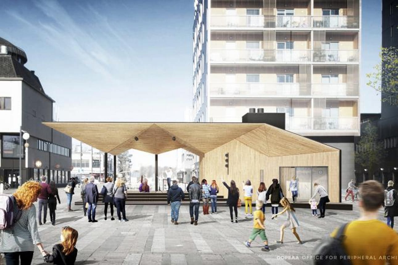 Seinäjoen keskustorille suunniteltu paviljonki näyttää havainnekuvassa tältä.