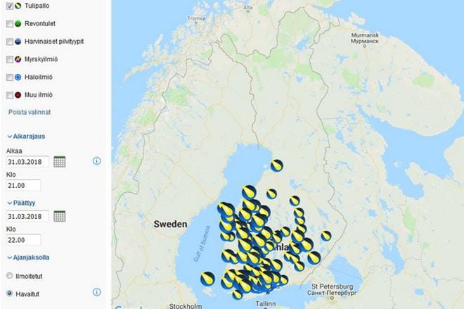 Kuvassa on Ursan Taivaanvahti-palveluun ilmoitetut tulipallohavainnot lauantai-illalla kello 21-22 välillä. Kuva: Kuvakaappaus Ursan Taivaanvahti-palvelusta.