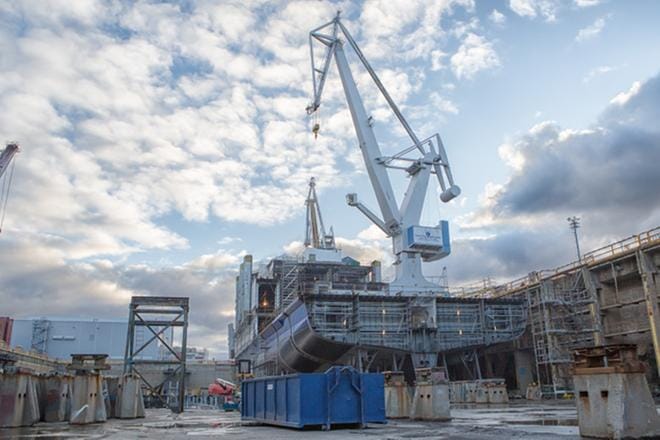 Uuden aluksen suunnittelutyö alkaa Rauman telakalla jo tänä keväänä. Kuvassa rakennetaan Mols Linien -alusta. KUVA: Rauma Marine Constructions