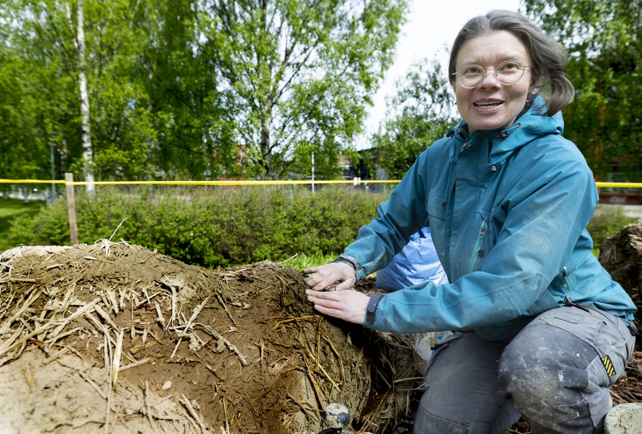 Riikka Keränen muotoili ja viimeisteli Pesäkkö-teostaan Meri-Toppilan puistossa toukokuun lopussa.