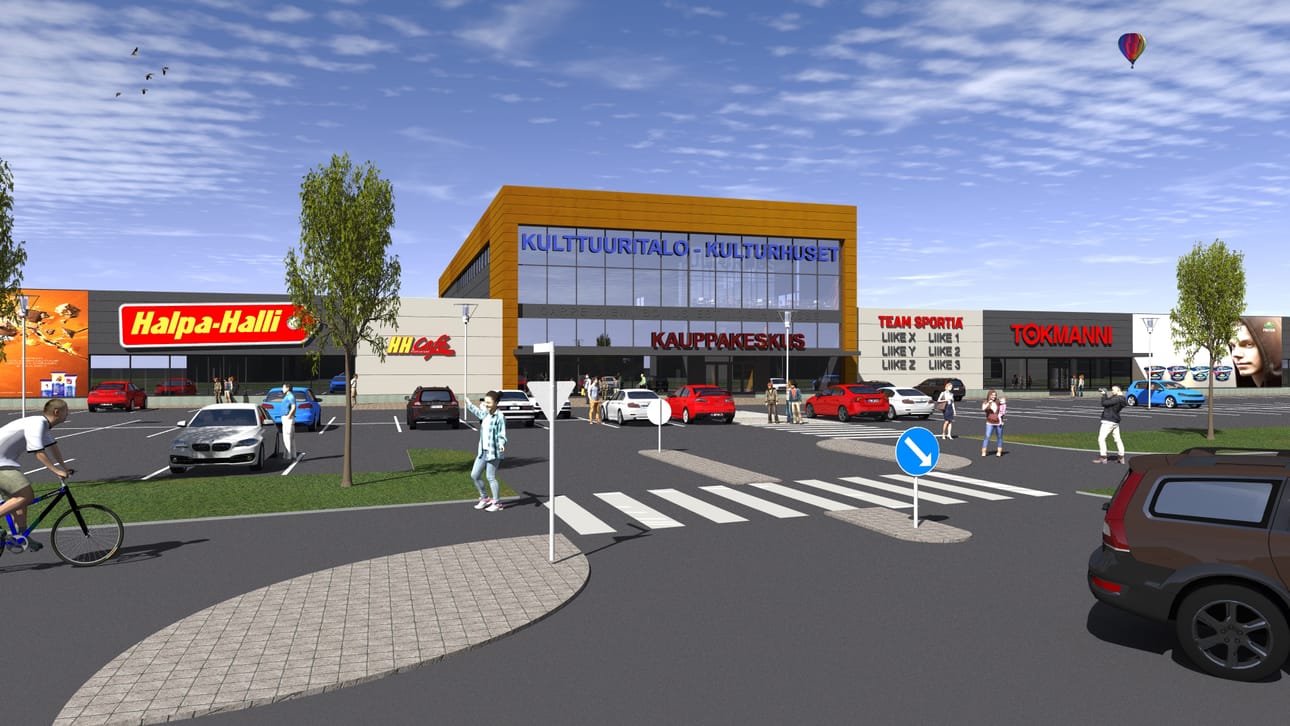 Havainnekuva uudesta liikekeskuksesta.