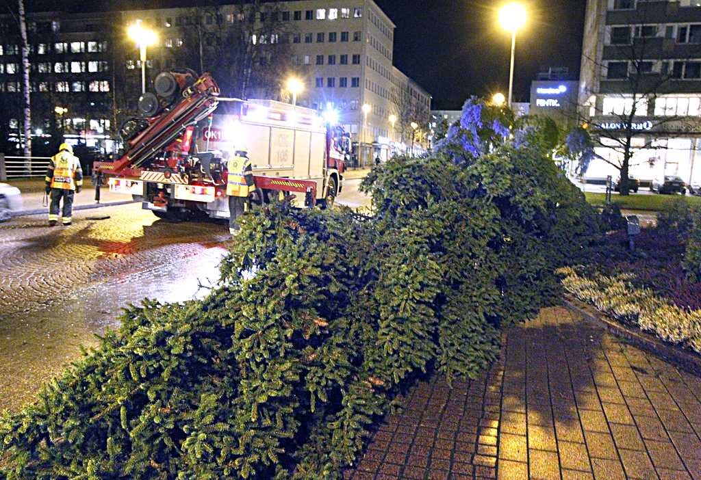 Kova tuulenpuuska kaatoi kaupungintalon joulukuusen.