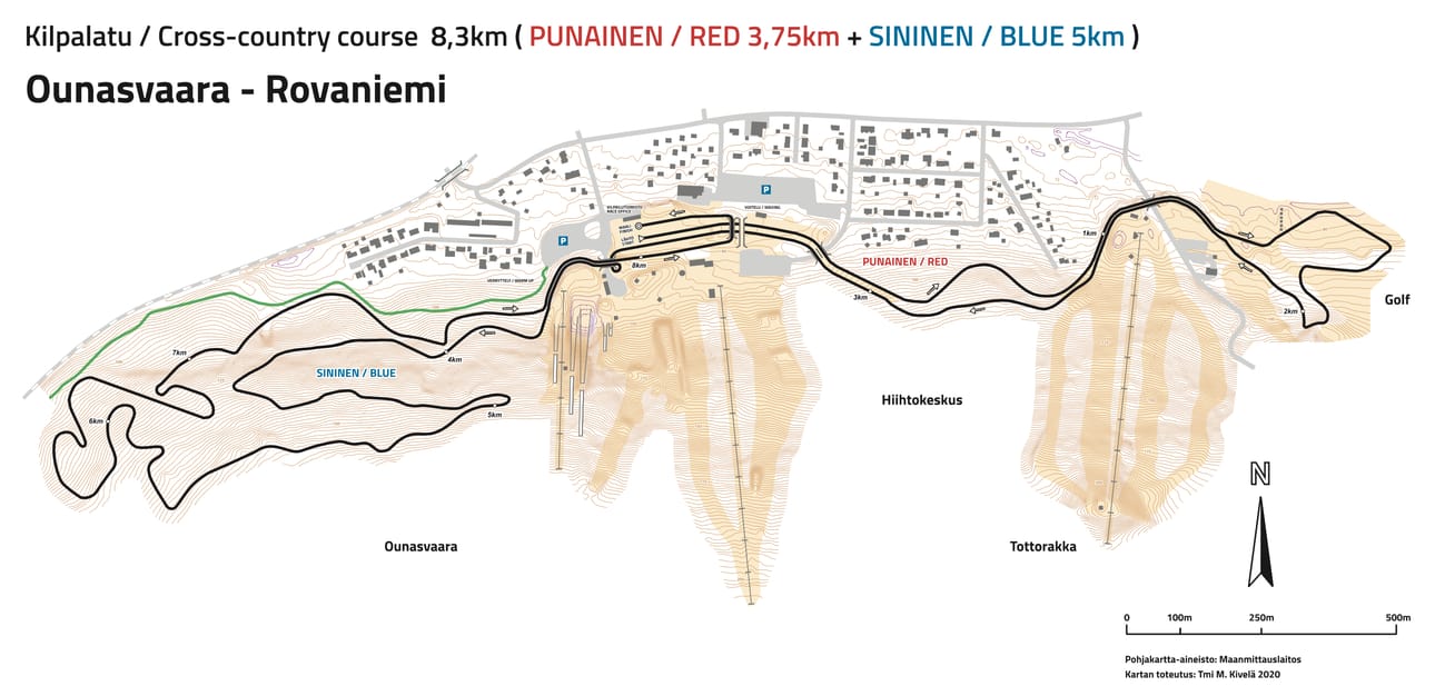 Rovaniemi-FIS-RedBlue. Miesten 50km kiertää pisintä 8,3km lenkkiä.