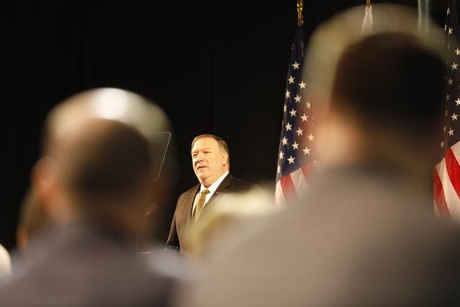 Yhdysvaltain ulkoministeri Mike Pompeo puhui maanantaina neljältä Rovaniemellä. KUVA: Vesa-Pekka Hiltunen