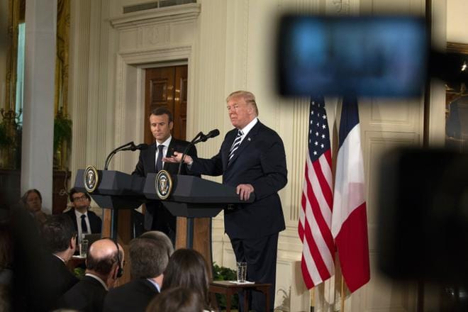 Trump ja Macron keskustelivat muun muassa Iranin ydinsopimuksesta. KUVA: Alex Edelman / POOL