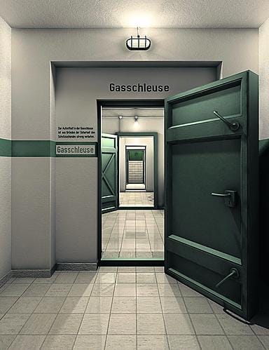 Bunkkerin pääsisäänkäynti, johon oli rakennettu ilmatiivis sulku.
