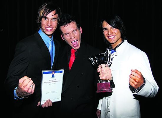 Mr. Finland 2006 Jaakko Sairanen ja perintöprinssit. Vasemmalta Sebastian Mäkinen, Jaakko Sairanen, Petri Lempiö.