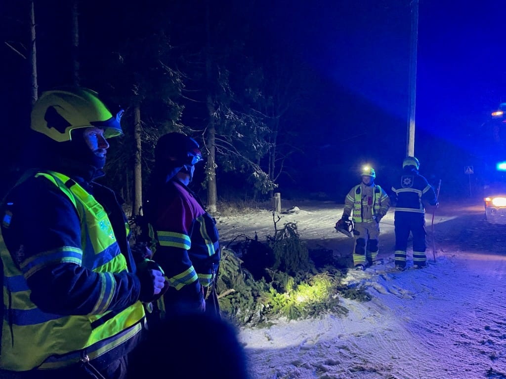 Pelastuslaitoksen miehet raivaamassa kaatuneita puita pois Oulaisten Kaarikadulta. Hannes-myrskyn tuhoja siivoamassa Harri Tenkula, Miika Oksanen, Ville Korhonen ja Ville Vatjus-Anttila