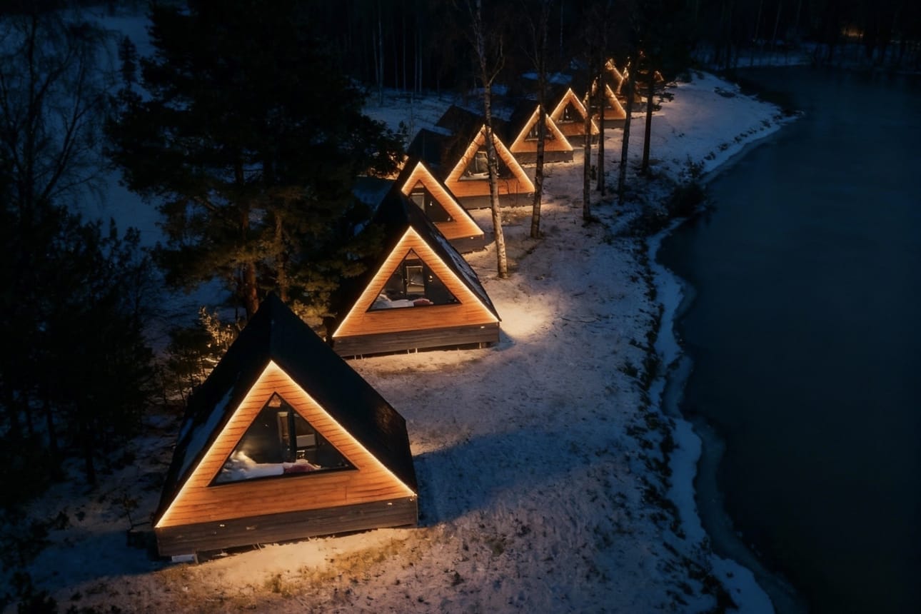 Kuvassa on liminkalaisen Egoan talviasuttavia Piilo-mökkejä.