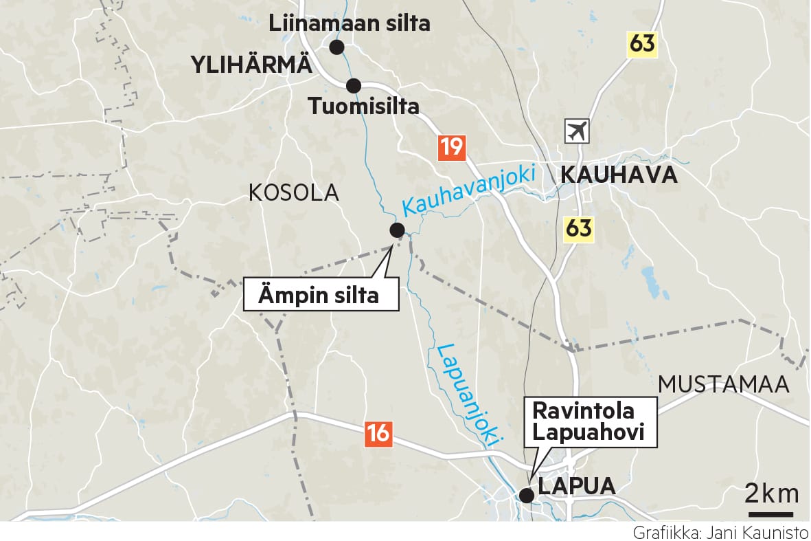 Takaluoman ruumiin jäänteet löydettiin Kauhavalta noin 20 kilometrin päästä paikasta, jossa Takaluoma viimeksi elossa nähtiin. Löytöpaikkaa lähin silta on Ämpin silta, mutta rikosylikomisario Jussi Luoto korosti Iltalehden haastattelussa, etteivät jäänteet löytyneet varsinaisesti sillan kupeesta.