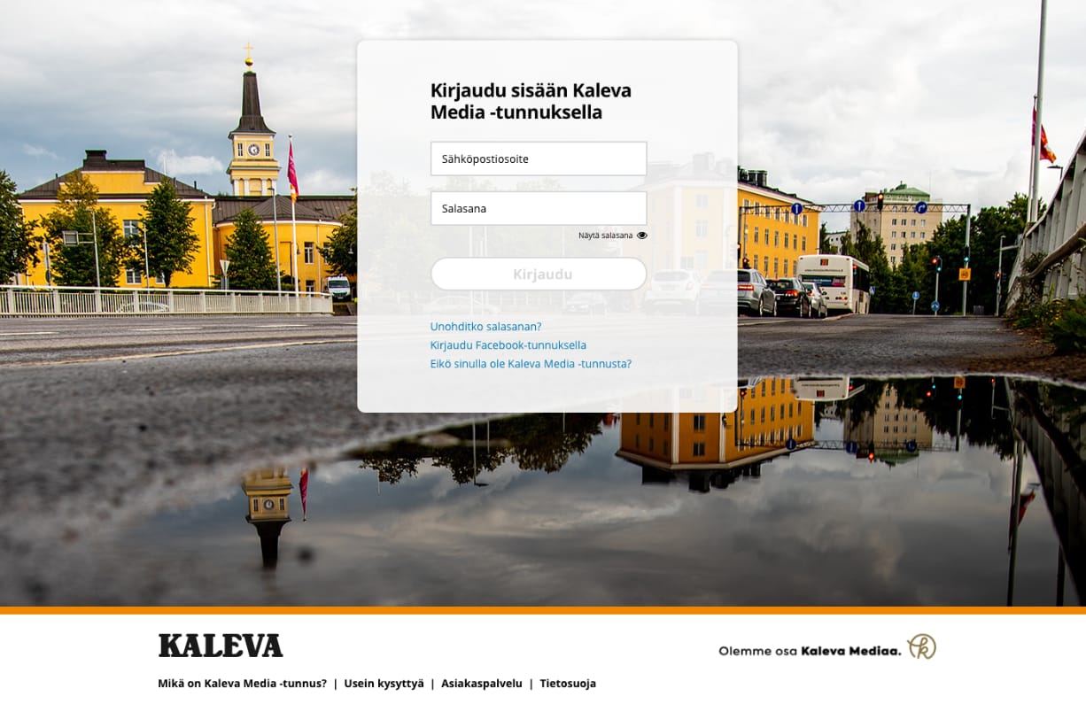 Verkkouudistuksen myötä Kalevan tilaajasisältöihin pääsy edellyttää uudelleen kirjautumista. Aiemman Kaleva-tilin käyttäjätunnus ja salasana toimivat myös Kaleva Media -tunnuksessa.